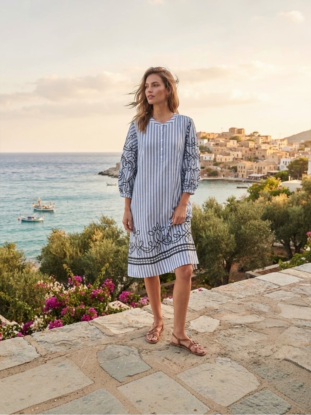 Fragonard Blue White Stripe Embroidered Tunic Shift Dress Size T1 Small